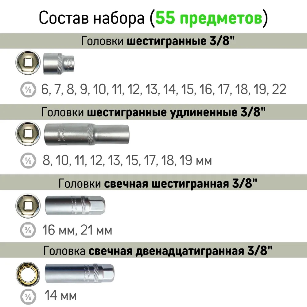 Набор головок ДЕЛО ТЕХНИКИ 610755 с инструментом, 3/8